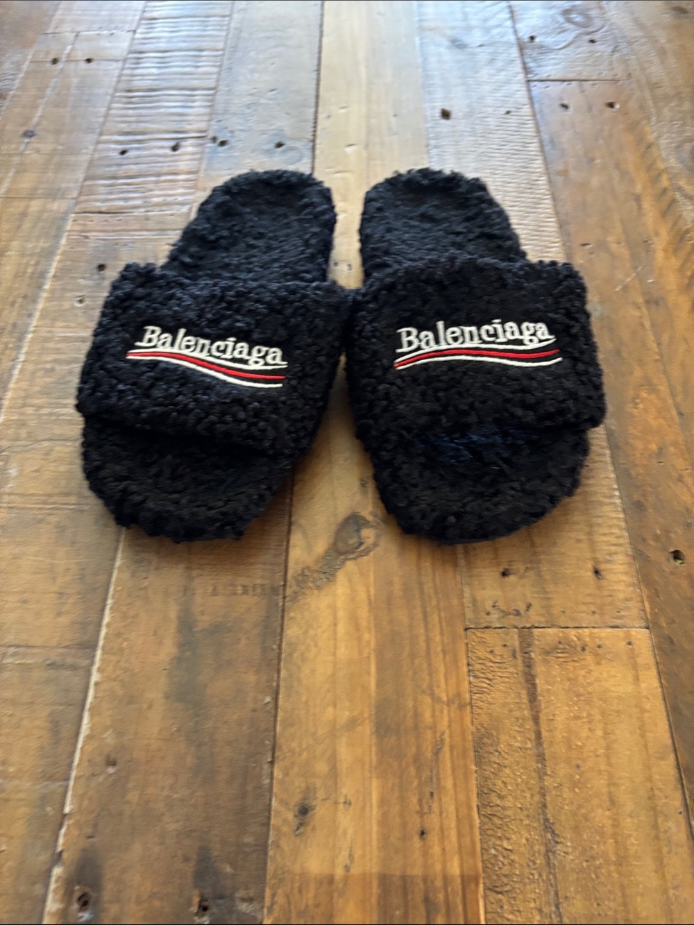 Balenciaga Men’s  Black Sherpa Logo Slide Slippers